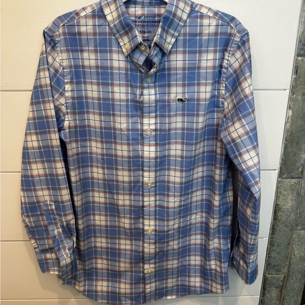 Vineyard Vines boys OTG Performance Blue Plaid Button-Down Shirt